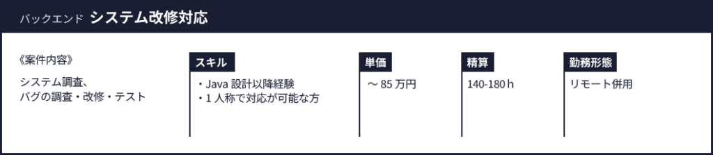 バックエンド システム改修対応 《案件内容》 システム調査、 バグの調査・改修・テスト